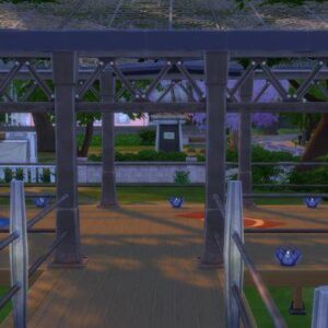 Pavillon vitré dans un quartier des Sims 4 avec objets bleus au sol