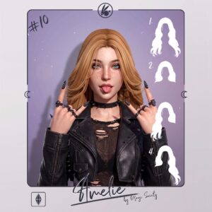 Amélie, personnage du jeu Les Sims 4, pose avec veste en cuir