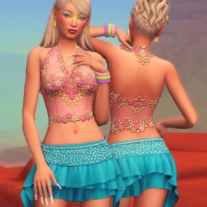 Deux avatars Sims 4 en tenues estivales 'Sunkissed Top' et jupe 'Zara', JolieBean.