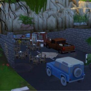 Scène de rue dans *Les Sims 4* avec véhicules et décorations