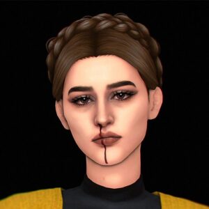 Personnage féminin de Sims 4, coiffure bouclée, tenue noire et jaune