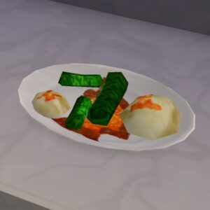Assiette de jeu vidéo : œufs, sauce tomate et légumes verts dans *Les Sims 4*