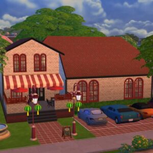 Maison de ville dans *Les Sims 4* avec parking et devanture colorée