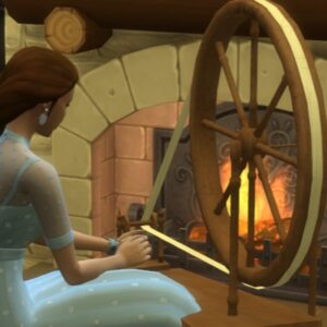 Femme jouant avec un métier à tisser dans *Les Sims 4*