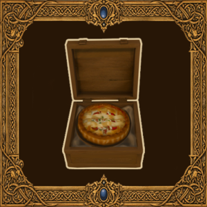 Boîte dorée ouvrant sur une tarte aux légumes dans *Les Sims 4*