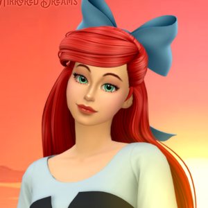 Ariane de *Les Sims 4* avec une coiffure rouge et un ruban bleu