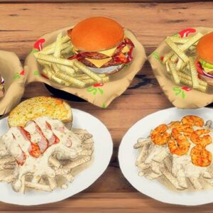 Assiette virtuelle du jeu Les Sims 4 avec burgers, frites et plats variés