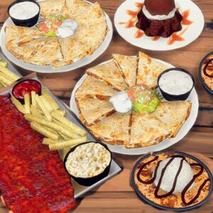 Assortiment de plats mexicains dans *Les Sims 4* : tacos, quesadillas et accompagnements