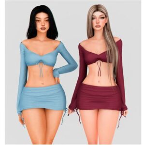 Deux avatars du jeu *Les Sims 4* en tenues décontractées pastel et bordeaux