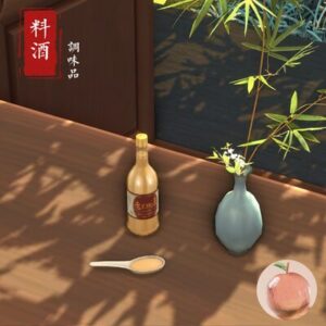 Bouteille de sauce soja, vase avec fleurs et cuillère dans *Le Sims 4* près d'une fenêtre.