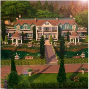 Maison élégante du jeu *Les Sims 4* avec jardin manucuré