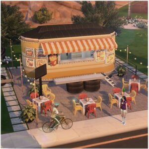 Food truck de jeu vidéo Les Sims 4 avec clients et vélos
