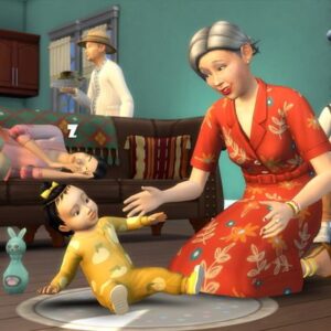 Jeune enfant et femme dans salon, jeu *Les Sims 4*