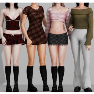 Quatre avatars du jeu *Les Sims 4* en tenues variées