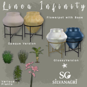 Pots à fleurs avec base pour *Les Sims 4*, versions mate et brillante, et plantes variées.