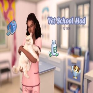 Jeune femme dans *Les Sims 4* en mode école vétérinaire avec chat blanc.
