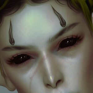 Visage stylisé du jeu Les Sims 4 avec sourcils en forme de virgules