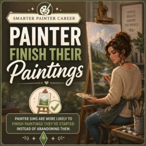 Jeu vidéo Sims 4 : peintre terminant une peinture dans son atelier