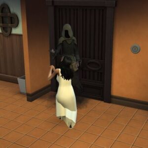 Personnage dans Sims 4 devant une porte ancienne