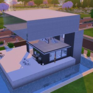 Vue aérienne d'une maison moderne dans *Les Sims 4* avec piscine