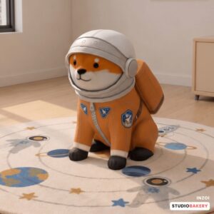 Chien Shiba en combinaison d'astronaute, jeu *Les Sims 4*, fond spatial