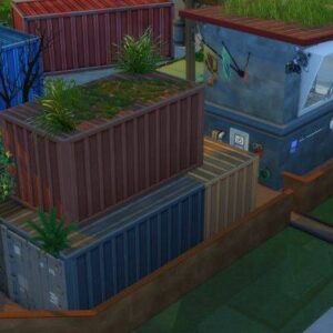 Maisons conteneurs aménagées dans *Les Sims 4* avec plantes