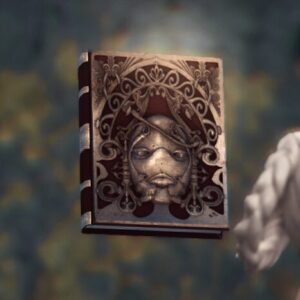 Couverture de livre Sims 4 style médiéval avec masque sculpté
