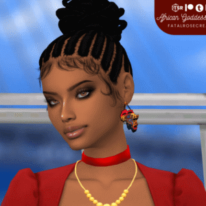Avatar du jeu Sims 4 avec coiffure tressée et boucles, portant boucles d’oreilles 'African Goddess' et collier doré.