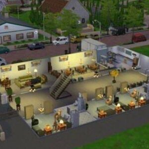Vue aérienne d'une maison dans *Les Sims 4* avec salon et jardin.