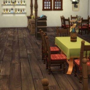 Salle à manger rétro du jeu Les Sims 4 avec tables et chaises en bois