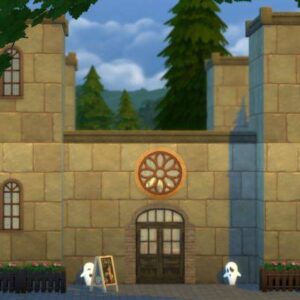 Maison gothique des Sims 4 avec fantômes et jardin fleuri