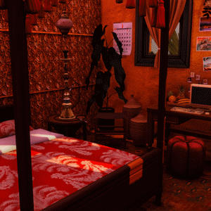 Chambre décorée dans Sims 4 avec lit à baldaquin, bureau et éléments culturels.