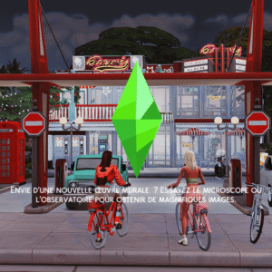 Scène de rue dans *Les Sims 4* avec panneau mural vert et cyclistes.