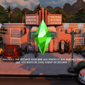 Scène du jeu Les Sims 4 : boutique sécurisée avec logo vert.