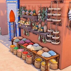 Boutique virtuelle du jeu *Les Sims 4* avec produits artisanaux colorés.
