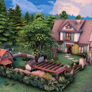 Maison de jeu *Le Sims 4* avec potager et grange, vue aérienne