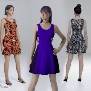 Trois robes stylisées pour le jeu *Les Sims 4* : motifs léopard, dégradé violet et imprimé géométrique.
