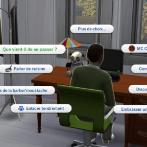 Choix de dialogue avec un Sim dans *Les Sims 4* au bureau.