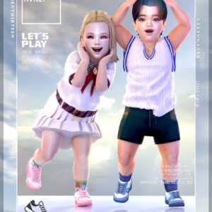 Deux avatars du jeu Sims 4, H13N et RVN27, en tenue sportive et scolaire, avec texte promotionnel.