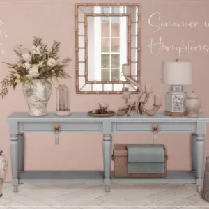 Intérieur estival des Hamptons dans *Les Sims 4* avec meuble et décorations.