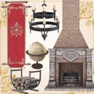 Décor médiéval pour *Les Sims 4*: bougie, globe, cheminée, bûches et bannière.