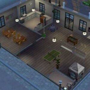 Vue aérienne d'une maison de jeu *Les Sims 4* avec patio