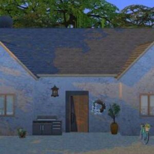 Maison en pierre du jeu *Les Sims 4* avec vélos et pot de fleurs