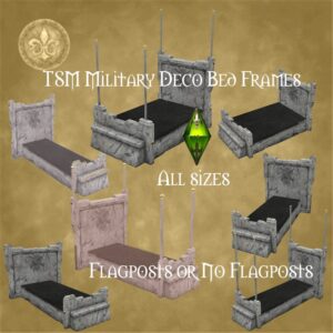 Cadres de lit décoratifs militaires TSM pour *Les Sims 4*, toutes tailles avec ou sans poteaux.
