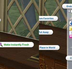 Gâteau dans *Les Sims 4* : options de préparation et menu contextuel.