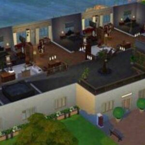 Maison de jeu *Les Sims 4* vue du dessus avec piscine intérieure et extérieur