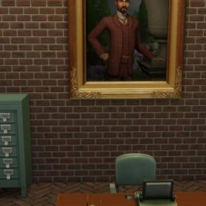 Bureau de jeu vidéo Les Sims 4 avec tableau, classeur et ordinateur