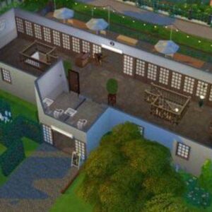 Vue aérienne d'un bâtiment dans *Les Sims 4* avec jardin et piscine