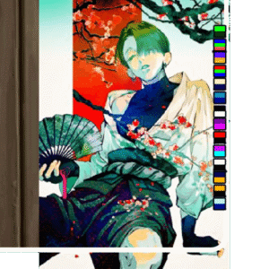 Jeune Sim inspiré du style anime, kimono floral, éventail