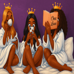 Trois personnages Sims 4 en robe de chambre lisant et buvant avec des couronnes